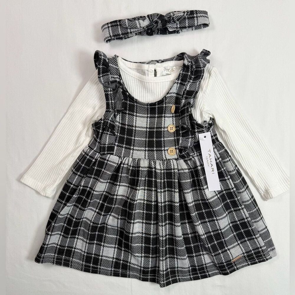 NWT TAHARI Baby Girls’‎ Plaid 3 Pc. Set One Piece, Pinafore Dress & Headband 12M